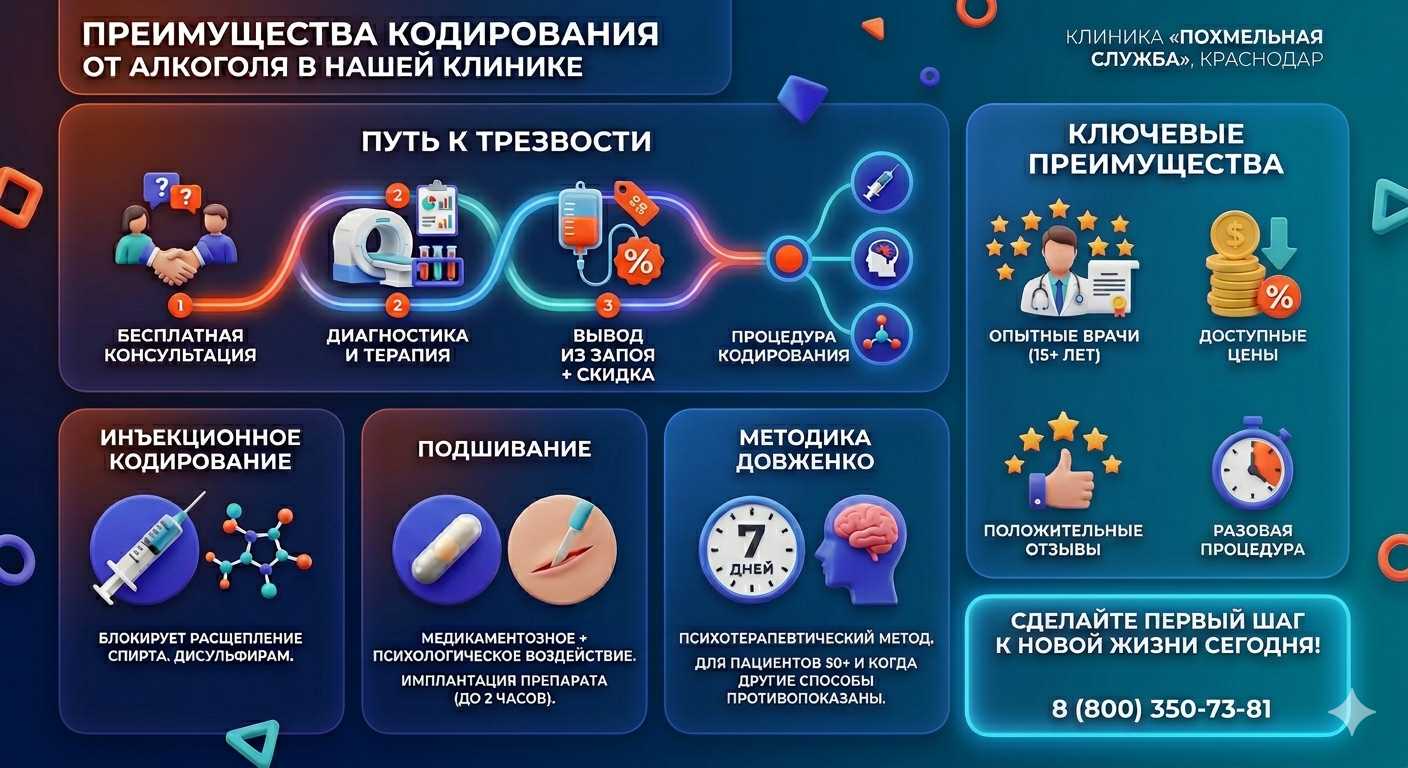 Инфографика о методах кодирования от алкоголя в Кимовске: инъекции, подшивание, метод Довженко. Преимущества клиники и этапы лечения.