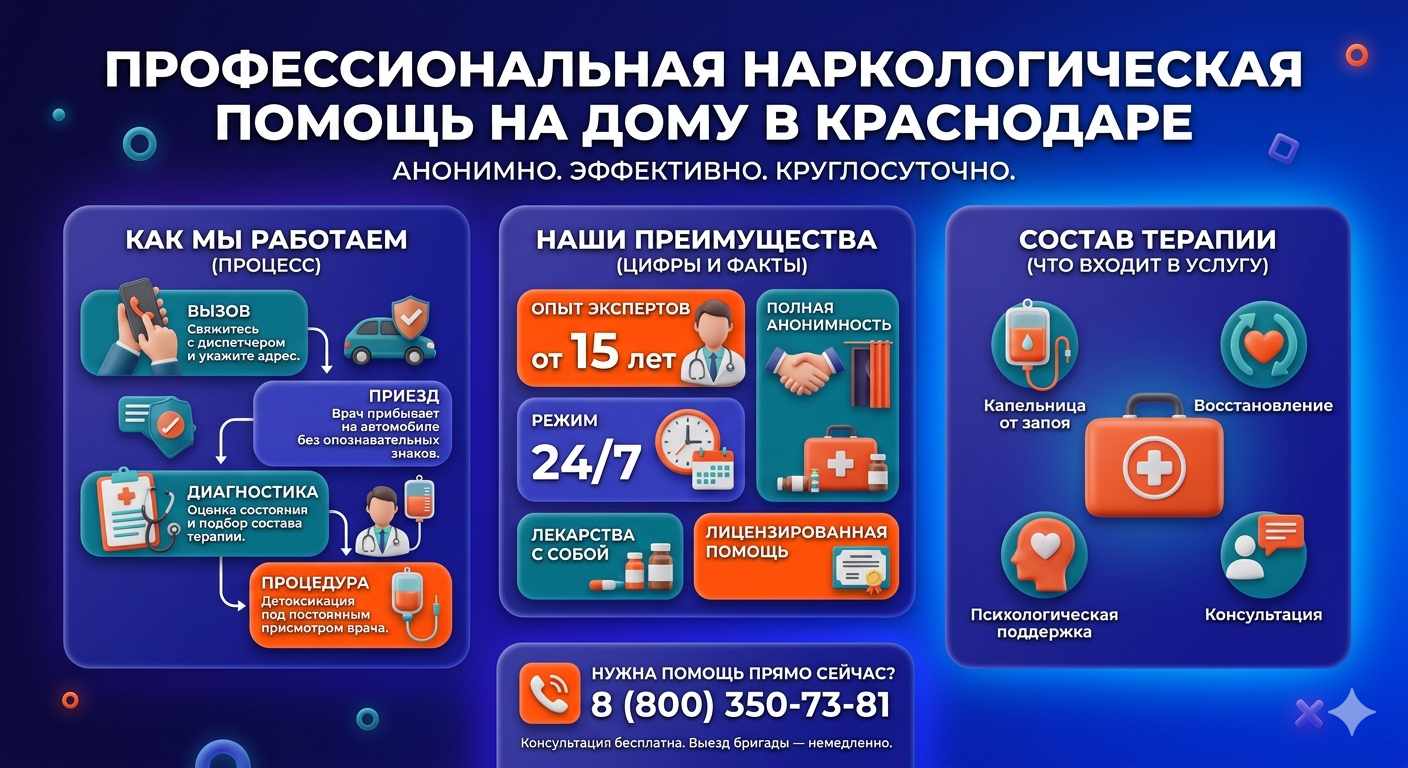 Инфографика о принципах лечения алкоголизма на дому в Кимовске: этапы вызова нарколога, преимущества анонимной детоксикации и состав медицинской помощи.